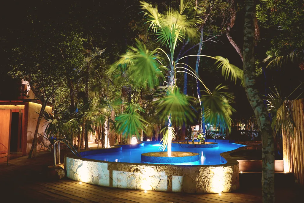 Jungle pool at the Tulum sanctuary nighttime
